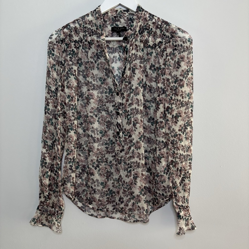 Rag & Bone Susan Sheer 100% Silk Floral Print Blouse Women‎ XS Long Sleeve Ditzy